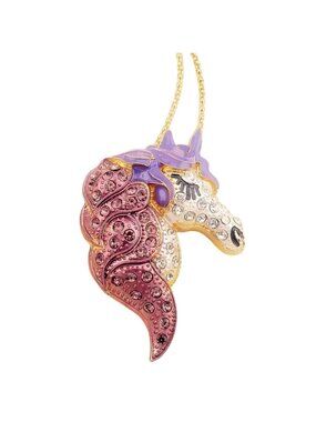 Betsey Johnson Pink &. Purple Crystal Unicorn Pendant Necklace Gold Tone
